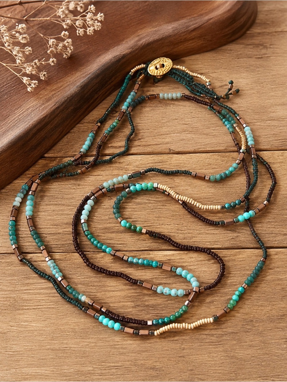 Vintage Artisan Boho Wrap Necklace Bracelet Turquoise Beaded 67”Macrame